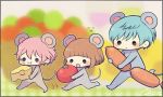  3boys :i akita_toushirou animal_ears ayu_(mog) bangs black_eyes blue_hair bob_cut brown_hair cheese chibi ichigo_hitofuri lowres maeda_toushirou mouse_ears multiple_boys open_mouth pink_hair sausage short_hair solid_circle_eyes tomato touken_ranbu 