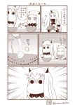  (o)_(o) 3girls 3koma ^_^ bare_shoulders closed_eyes comic commentary_request covered_mouth detached_sleeves eating food fruit highres horn horns kantai_collection long_hair mittens monochrome moomin multiple_girls muppo northern_ocean_hime salt sazanami_konami seaport_hime shinkaisei-kan translation_request twitter_username watermelon 