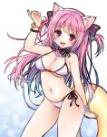  1girl :d animal_ears beads bikini bow bracelet breasts cat_ears cat_tail choker cleavage hair_bow innertube jewelry large_breasts long_hair looking_at_viewer mauve navel necklace open_mouth original pink_hair red_eyes side-tie_bikini sketch smile solo striped striped_bikini striped_swimsuit swimsuit tail two_side_up 