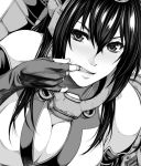  1girl breasts cleavage finger_in_mouth fingerless_gloves gloves hair_between_eyes kantai_collection long_hair looking_at_viewer monochrome mouth_pull nagato_(kantai_collection) solo zucchini 
