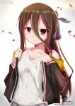  1girl absurdres ade-nyungsep artist_name brown_hair hair_ornament hair_ribbon highres jacket long_hair looking_at_viewer open_clothes open_jacket original red_eyes ribbon shirt simple_background small_breasts smile solo solo_focus 