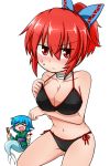  &gt;:&lt; &gt;_&lt; 2girls :d alternate_costume alternate_hairstyle bandaged_neck bikini blue_hair blush bow breast_rest breasts brush collarbone cowboy_shot frown hair_bow katsumi5o looking_at_viewer mermaid monster_girl multiple_girls open_mouth ponytail red_eyes redhead sekibanki smile strap_pull sweat swimsuit touhou wakasagihime xd 