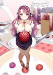  1girl :o amo_(rnrkrn) arm_garter breasts cleavage fishnet_pantyhose fishnets food fruit highres jar large_breasts long_hair looking_at_viewer milk minigirl original pantyhose purple_hair raspberry sitting solo spoon table violet_eyes 