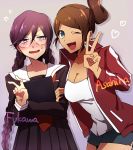  2girls asahina_aoi blue_eyes blush book braid breasts brown_hair character_name cleavage dangan_ronpa dangan_ronpa_1 fukawa_touko glasses hair_ornament hairclip imoni_(1110) long_hair multiple_girls one_eye_closed ponytail round_glasses school_uniform serafuku shorts tan twin_braids v 