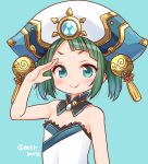  &gt;:) 1girl blue_background blue_eyes character_request detached_collar green_hair hat marshmallow_mille pirate_hat puzzle_&amp;_dragons salute simple_background solo strapless twintails twitter_username xiao_qiao_(p&amp;d) 