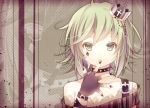  bare_shoulders belt black_glove cross crown fingerless_gloves fingernails gloves green_eyes green_hair gumi jewelry markings nail_polish neck_ring open_hand open_mouth purple_nails see-through short_hair spikes striped vocaloid yuduki 