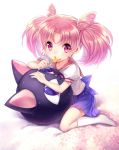  1girl bishoujo_senshi_sailor_moon blue_skirt candy chibi_usa double_bun lollipop looking_at_viewer luna-p pink_eyes pink_hair school_uniform short_hair siaoyu skirt socks solo twintails 