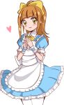  1girl alice_(wonderland) alice_(wonderland)_(cosplay) alice_in_wonderland alternate_hairstyle blue_dress blush cosplay crossover dress eyelashes hair_ornament hair_ribbon happy haru_(nature_life) heart long_hair looking_at_viewer namesake orange_eyes orange_hair ponytail precure ribbon simple_background smile solo standing white_background yotsuba_alice 