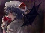  1girl apple argyle argyle_background bat_wings blue_hair brown_background commentary_request dress floral_background food fruit hanaya_(_878_xx) highres holding holding_fruit light looking_to_the_side mob_cap profile purple_background red_eyes reflective_eyes remilia_scarlet saliva saliva_trail short_hair short_sleeves solo touhou upper_body white_dress wings wrist_cuffs 