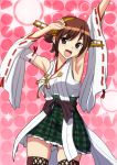  1girl :d armpits arms_up blue_eyes brown_hair cowboy_shot detached_sleeves headgear hiei_(kantai_collection) kantai_collection kezune_(i-_-i) looking_at_viewer nontraditional_miko open_mouth plaid plaid_skirt short_hair skindentation skirt smile solo thigh-highs 