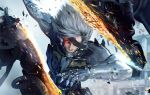  1boy absurdres claws cyborg debris eyepatch glowing glowing_eyes highres mechanical_arm metal_gear_(series) metal_gear_rising:_revengeance raiden realistic red_eyes robot rocher-hd slashing solo sparks white_hair 