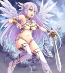  1girl aqua_eyes armor armpits bikini_armor boots breasts dragon feathers fingerless_gloves gloves kay_(utd) large_breasts navel open_mouth original purple_hair solo sword teeth thigh-highs thigh_boots under_boob underwear weapon white_legwear wings 
