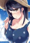 1girl adjusting_clothes adjusting_swimsuit ahoge black_hair blue_swimsuit blush breasts brown_eyes hat highres kantai_collection large_breasts long_hair ocean one-piece_swimsuit open_mouth polka_dot polka_dot_swimsuit solo soramuko swimsuit tagme ushio_(kantai_collection) 