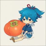  1boy ayu_(mog) bandages blue_eyes blue_hair blush dated fish food fruit japanese_clothes lowres male_focus mandarin_orange oversized_object sandals sayo_samonji sitting solo touken_ranbu 