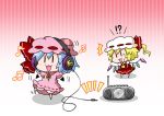  !? /\/\/\ 2girls :3 :d ascot barefoot bat_wings blonde_hair blue_hair bow brooch chibi commentary_request dancing detached_wings dress flandre_scarlet gradient gradient_background hat hat_bow headphones jewelry mob_cap multiple_girls musical_note noai_nioshi open_mouth pink_dress puffy_short_sleeves puffy_sleeves red_bow red_dress remilia_scarlet short_hair short_sleeves smile sweat touhou wings |_| 