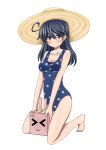  &gt;_&lt; 1girl :3 ahoge bare_legs bare_shoulders barefoot black_hair blue_swimsuit blush breasts brown_eyes cleavage collarbone hat k2 kantai_collection kneeling large_breasts long_hair looking_at_viewer one-piece_swimsuit polka_dot polka_dot_swimsuit simple_background smile straw_hat swimsuit turret ushio_(kantai_collection) white_background 