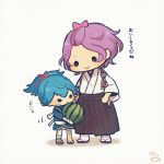  2boys ayu_(mog) bandages black_eyes blue_hair chibi dated fish food frown fruit hakama height_difference japanese_clothes lowres male_focus multiple_boys purple_hair sandals sayo_samonji simple_background smile solid_eyes standing touken_ranbu translation_request watermelon white_background 