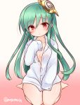  1girl athena_(p&amp;d) blush green_hair hair_ornament long_hair marshmallow_mille naked_shirt puzzle_&amp;_dragons red_eyes seiza shirt sitting sleeves_past_wrists solo twitter_username white_shirt 