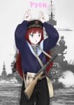  1girl absurdres anchor_symbol arms_up belt belt_pouch blue_eyes commentary eyebrows_visible_through_hair gun hammer_and_sickle highres long_hair long_sleeves millimeter navy original pants photo_background ppsh-41 redhead russia russian russian_navy sailor sailor_collar solo soviet standing star submachine_gun tsurime weapon world_war_ii 