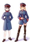  2girls arms_behind_back blonde_hair blue_eyes boots buttons germany green_eyes highres longmei_er_de_tuzi looking_at_viewer military military_uniform multiple_girls shoes silver_hair skindentation smile thigh-highs uniform zettai_ryouiki 