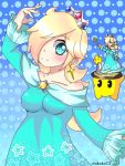  1girl amiibo aqua_eyes arm_up artist_request bare_shoulders blonde_hair blue_background blush blush_stickers breasts carrying chiko_(mario) crown dress earrings hair_over_one_eye jewelry long_dress long_hair looking_at_viewer super_mario_bros. rosetta_(mario) shiny shiny_skin signature smile star star-shaped_pupils star_print super_mario_bros. super_mario_galaxy super_smash_bros. symbol-shaped_pupils 