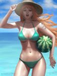  adjusting_clothes adjusting_hat bangs bikini blue_eyes blue_sky bracelet breasts cowboy_shot food fruit gohpot hat highres horizon jewelry large_breasts long_hair nami_(one_piece) navel ocean one_piece open_mouth redhead shade shiny signature sky straw_hat swimsuit tattoo watermark watermelon web_address wet 