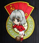  1girl ball chibi grey_eyes grey_hair hammer_and_sickle kabakaba kneehighs logo marker_(medium) original outstretched_arms red_legwear russian smile soccer soccer_ball soccer_uniform solo soviet_flag sportswear spread_arms traditional_media 