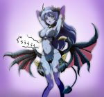  1girl armpits arms_behind_head astaroth_(shinrabanshou) black_sclera blue_skin breasts cleavage demon_girl demon_horns demon_tail demon_wings horns kinfuji low_wings navel open_mouth purple_legwear shinrabanshou solo tail thigh-highs wings yellow_eyes 