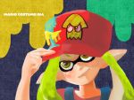  1girl adjusting_clothes adjusting_hat baseball_cap green_eyes green_hair hat inkling mario mario_(cosplay) overalls paint_stains pointy_ears red_shirt shirt solo splatoon squid_print super_mario_bros. tentacle_hair 