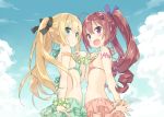  2girls :d ahoge bikini bikini_skirt blonde_hair blue_eyes blush fang hair_ornament hair_ribbon hairclip hazuki_watora long_hair looking_at_viewer multiple_girls navel open_mouth original peko redhead ribbon scrunchie shimotsuki_potofu small_breasts smile swimsuit twintails two_side_up v violet_eyes 