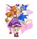  2girls barefoot blue_dress blue_eyes bow chain cirno clinging couple dress floating hair_bow hand_on_hip heart highres horns ibuki_suika ice ice_wings kia_(tumblr) long_hair low-tied_long_hair multiple_girls muscle open_mouth orange_hair red_eyes sleeveless smile smirk sparkling_eyes touhou transparent_background wings yuri 