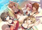  5girls arm_up beach beach_chair bikini black_hair blonde_hair blush bow braid breasts brown_hair chestnut_mouth hair_bow hair_flaps hair_ornament hair_ribbon harusame_(kantai_collection) hat highres hug hug_from_behind innertube kantai_collection leaning_forward long_hair looking_at_viewer looking_up multiple_girls murasame_(kantai_collection) ocean pink_hair red_eyes ribbon scarf shade shigure_(kantai_collection) shinonome_haru shiratsuyu_(kantai_collection) short_hair shorts smile swimsuit twintails very_long_hair yuudachi_(kantai_collection) 