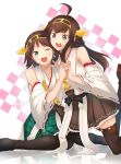 2girls ahoge blue_eyes brown_hair hairband hiei_(kantai_collection) highres holding_hand japanese_clothes kantai_collection kongou_(kantai_collection) long_hair multiple_girls nontraditional_miko one_eye_closed short_hair siblings smile 