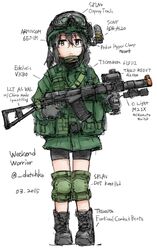  1girl airsoft artist_self-insert as_val assault_rifle bike_shorts black_hair boots camera dutchko engrish glasses goggles goggles_on_head gun hat helmet knee_pads load_bearing_vest looking_at_viewer military military_hat military_uniform original ranguage rifle scope sketch solo uniform weapon 