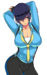  1girl arms_up blue_eyes blue_hair breasts cabbie_hat cleavage cowboy_shot curvy eroe fingerless_gloves gloves hat highres large_breasts necktie persona persona_4 persona_4:_dancing_all_night revision shirogane_naoto short_hair simple_background solo suspenders white_background wide_hips 