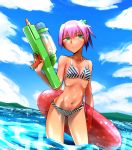  1girl bikini blue_sky breasts cleavage clouds collarbone didloaded green_eyes in_water innertube kantai_collection looking_at_viewer mountain navel pink_hair shiranui_(kantai_collection) sky solo swimsuit twitter_username water_gun 