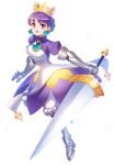  1girl armor crown earrings gauntlets gradriel greaves jewelry kail princess_crown purple_hair short_hair simple_background solo sword violet_eyes weapon white_background 