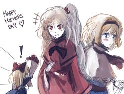  2girls alice_margatroid blonde_hair blue_eyes bouquet bow capelet english expressionless flower grey_hair hair_bow headband long_sleeves mother&#039;s_day multiple_girls puppet red_eyes ribbon shanghai_doll shinki short_hair smile string touhou zarisu 