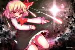  1girl ascot blonde_hair blush bow dark fang hair_bow heart heart-shaped_pupils matasabuyarou open_mouth red_eyes rumia sash solo symbol-shaped_pupils touhou 