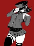  1girl akitsu_maru_(kantai_collection) arched_back contrapposto cowboy_shot gloves hair_between_eyes hat head_tilt highres hohehohe kantai_collection military military_uniform monochrome pleated_skirt red_background simple_background skirt solo thigh-highs uniform 
