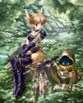  armor armored_boots armored_dress bandages bare_shoulders book boots bridal_gauntlets brown_hair crown fairy fairy_wings forest jewelry leotard nature necklace original ribbon sitting sleeping smile sword uchiu_kazuma violet_eyes weapon wings 