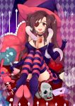  1girl amo_(rnrkrn) argyle boots breasts brown_hair cleavage convenient_leg eyepatch heart heart-shaped_pupils heart_pillow highres jewelry large_breasts letter love_letter open_mouth original pendant pillow potion red_eyes scissors skull snake solo striped striped_legwear stuffed_animal stuffed_toy symbol-shaped_pupils teeth thigh-highs thread twintails vial 