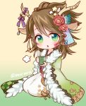  1girl antlers bell brown_hair coat cup deer_ears facial_tattoo flower fur_trim green_eyes hair_flower hair_ornament hair_up horn_ribbon horns japanese_clothes jingle_bell kano_(p&amp;d) kimono looking_at_viewer marshmallow_mille puzzle_&amp;_dragons ribbon seiza sitting solo sparkling_eyes star_hair_ornament tattoo teacup twitter_username 