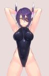  1girl :&lt; and arms_behind_head breasts eyepatch headgear kantai_collection large_breasts one-piece_swimsuit purple_hair shiny shiny_clothes short_hair simple_background solo swimsuit tenryuu_(kantai_collection) yellow_eyes 