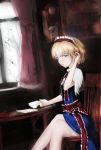  1girl alice_margatroid blonde_hair blue_eyes capelet cup dress dyolf hair_ornament hairband looking_at_viewer ribbon short_hair sitting solo teacup touhou 