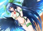  1girl adapted_costume ahoge bangs black_hair black_wings blue_sky blush bow breast_squeeze breasts cleavage clouds collarbone frilled_shirt g_(desukingu) hair_bow hands_up horizon large_breasts large_wings long_hair navel ocean open_clothes open_mouth open_shirt perspective red_eyes reiuji_utsuho sand shiny shiny_hair shirt short_sleeves sky slit_pupils smile solo stomach swimsuit thighs third_eye toned touhou very_long_hair wings 