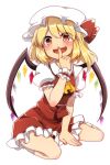  1girl ascot blonde_hair bow fang finger_to_mouth flandre_scarlet hat hat_bow highres looking_at_viewer ochazuke open_mouth red_eyes short_hair short_sleeves shushing simple_background sitting skirt slit_pupils solo touhou wariza weapon wings 
