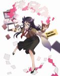  1girl black-framed_glasses black_hair blue_eyes breasts briefcase capelet character_name full_body glasses long_hair mouth_hold necktie paper read_or_die revolver_(overdoser) skirt solo standing yomiko_readman 