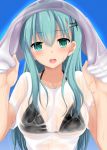  1girl aqua_eyes aqua_hair bikini black_bikini blue_background breasts hair_between_eyes kantai_collection long_hair looking_at_viewer see-through shirt simple_background solo suzuya_(kantai_collection) swimsuit takeyuu towel towel_on_head upper_body wet wet_clothes wet_hair wet_shirt 