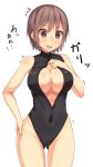  1girl blush breasts brown_eyes brown_hair cleavage_cutout competition_swimsuit covered_navel cowboy_shot front_zipper_swimsuit hand_on_hip hand_on_own_chest nagomi_no_ame one-piece_swimsuit original short_hair simple_background solo swimsuit unzipped white_background 